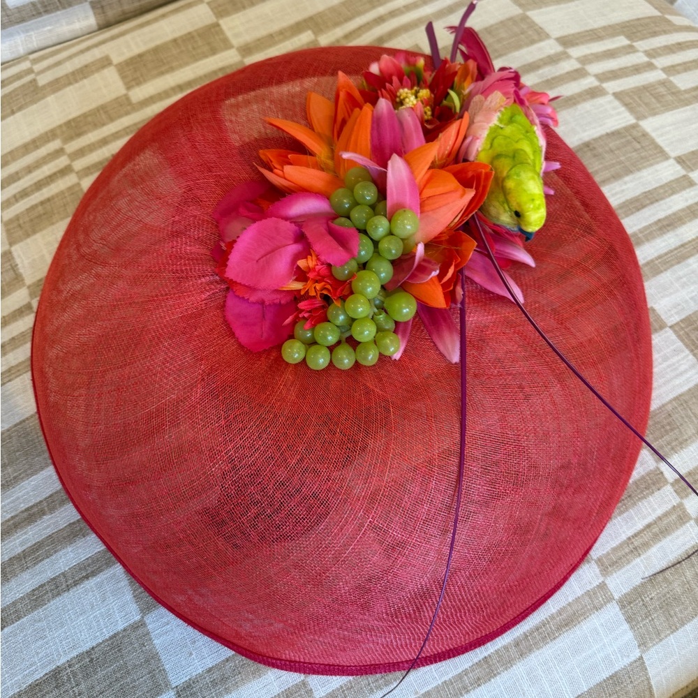 NEW Bettina Thomas Red Hat with Pink & Orange Floral Accents Kentucky Derby
